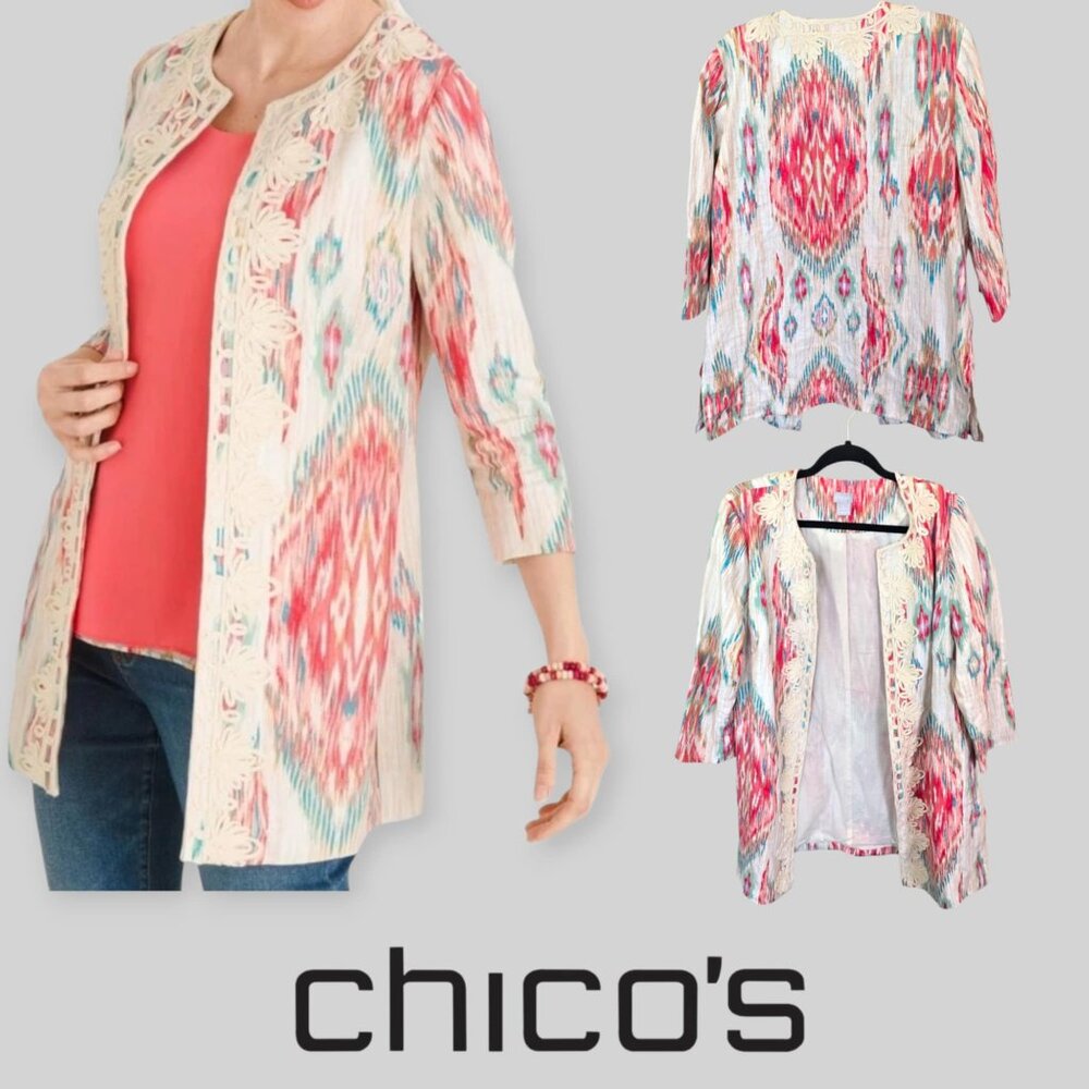 Chico's Linen Draped Embroided  Open Cardigan  Blazer Jacket  Womens   2 12/14